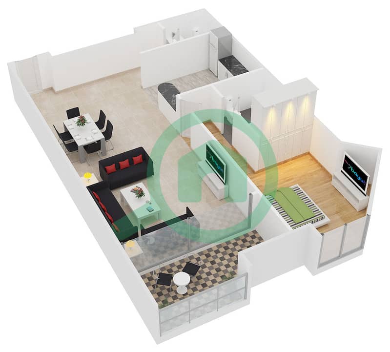 المخططات الطابقية لتصميم النموذج 5 شقة 1 غرفة نوم - برج سابا 3 interactive3D