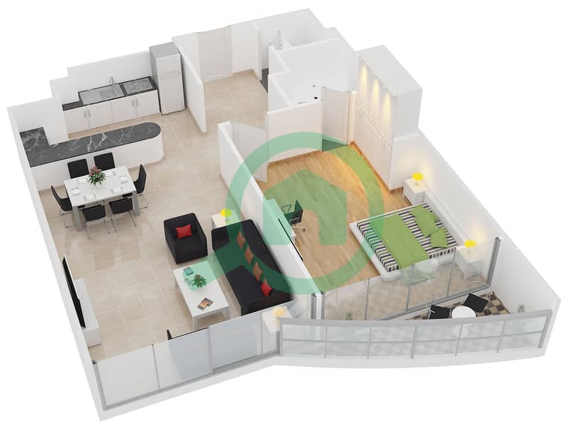Саба Тауэр 3 - Апартамент 1 Спальня планировка Тип 9 interactive3D