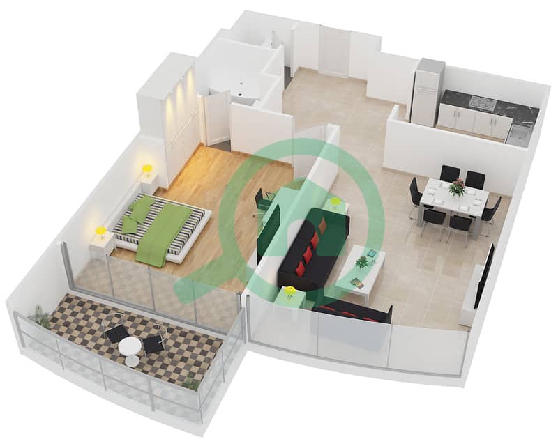 المخططات الطابقية لتصميم النموذج 10 شقة 1 غرفة نوم - برج سابا 3 interactive3D
