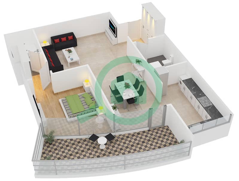 المخططات الطابقية لتصميم النموذج 12A شقة 1 غرفة نوم - برج سابا 3 interactive3D