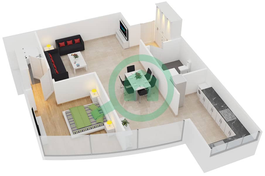 المخططات الطابقية لتصميم النموذج 12B شقة 1 غرفة نوم - برج سابا 3 interactive3D