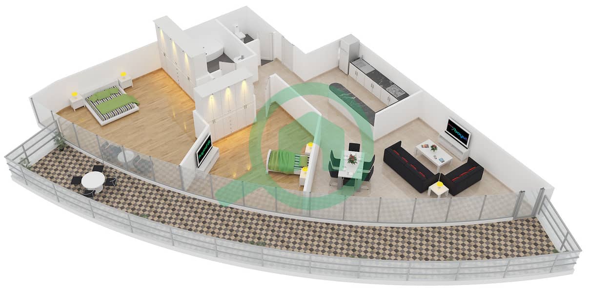 المخططات الطابقية لتصميم النموذج 11A شقة 2 غرفة نوم - برج سابا 3 interactive3D
