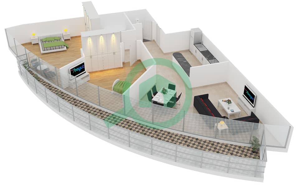 المخططات الطابقية لتصميم النموذج 11B شقة 2 غرفة نوم - برج سابا 3 interactive3D
