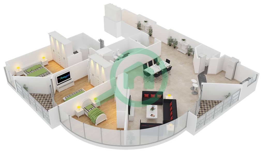 المخططات الطابقية لتصميم النموذج 18 شقة 3 غرف نوم - برج سابا 3 interactive3D