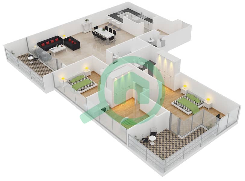 Саба Тауэр 3 - Апартамент 3 Cпальни планировка Тип 19 interactive3D