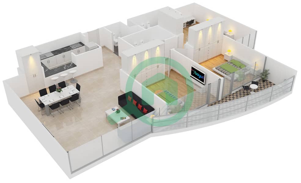 Саба Тауэр 3 - Апартамент 3 Cпальни планировка Тип 20 interactive3D
