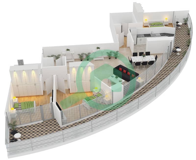 المخططات الطابقية لتصميم النموذج 21 شقة 3 غرف نوم - برج سابا 3 interactive3D