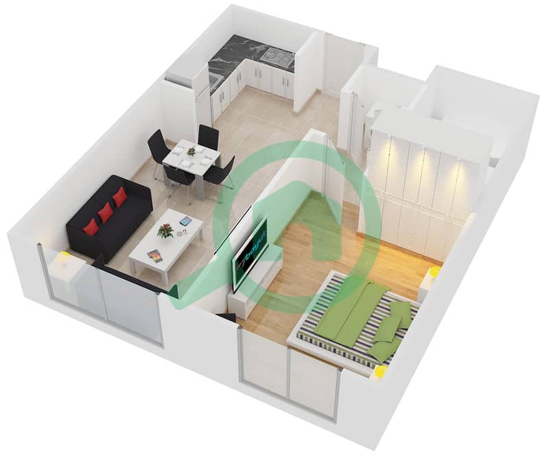 المخططات الطابقية لتصميم النموذج A شقة 1 غرفة نوم - مساكن ماي فير interactive3D