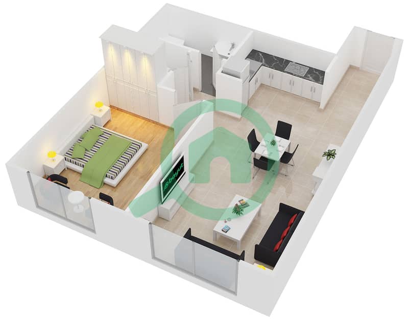 المخططات الطابقية لتصميم النموذج F شقة 1 غرفة نوم - مساكن ماي فير interactive3D