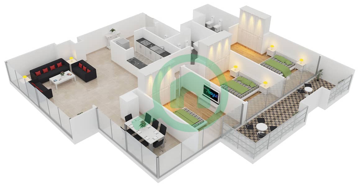 المخططات الطابقية لتصميم النموذج 22 شقة 3 غرف نوم - برج سابا 3 interactive3D