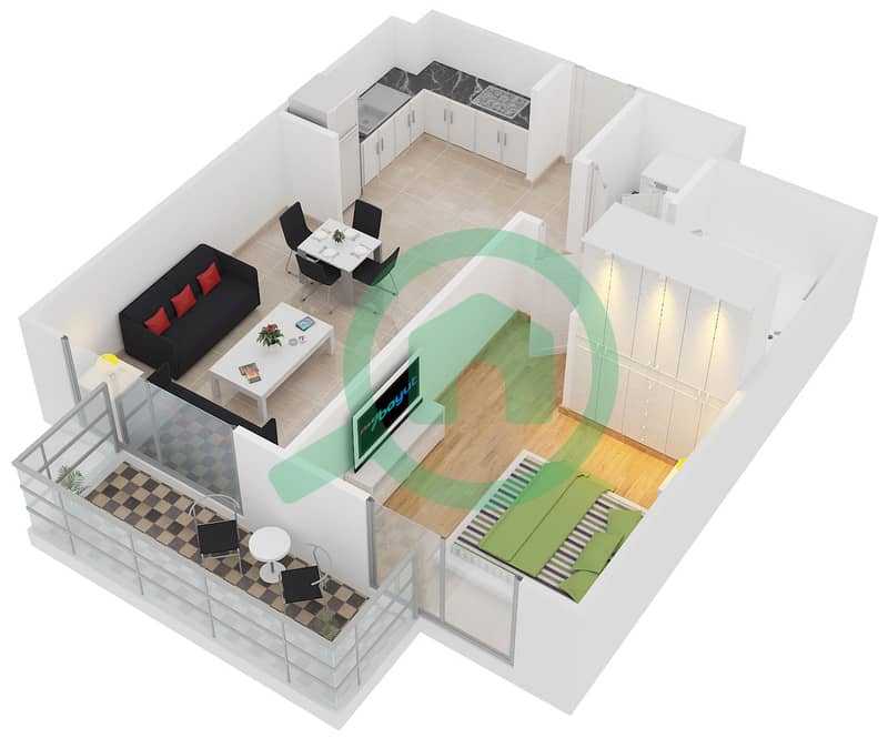 Мейфер Резиденси - Апартамент 1 Спальня планировка Тип J interactive3D