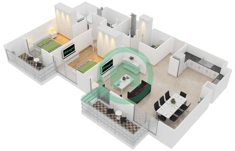 Мейфер Резиденси - Апартамент 2 Cпальни планировка Тип Q/R interactive3D