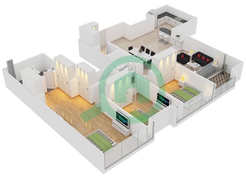 Саба Тауэр 3 - Апартамент 3 Cпальни планировка Тип 23 interactive3D
