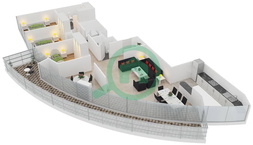萨巴塔3号 - 3 卧室公寓类型31戶型图 interactive3D