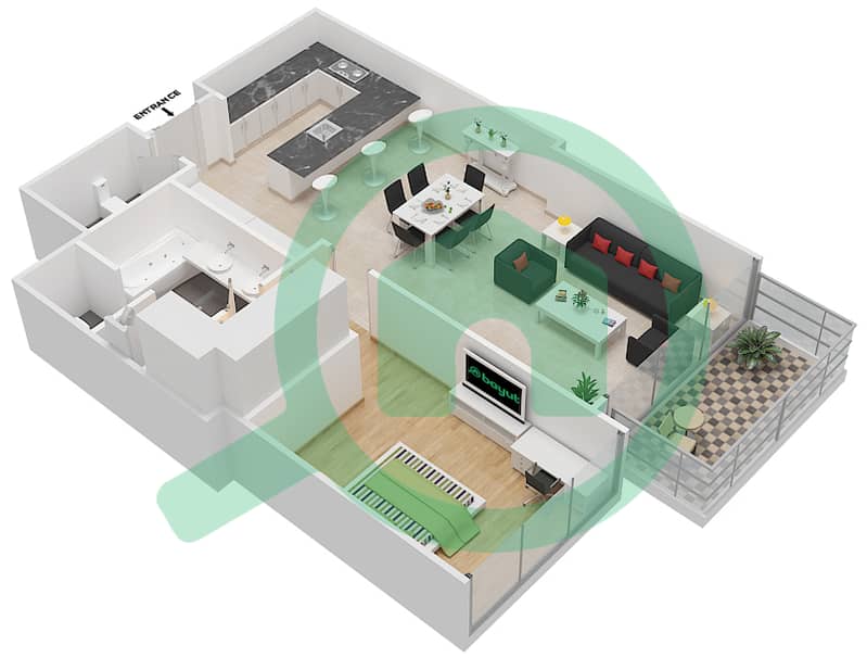 المخططات الطابقية لتصميم الوحدة 12 شقة 1 غرفة نوم - كيمبينسكي ريزيدينس interactive3D