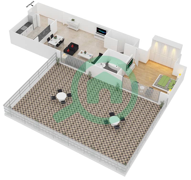 المخططات الطابقية لتصميم النموذج / الوحدة A /1,6 شقة 1 غرفة نوم - فيرفيو ريزيدنسي interactive3D
