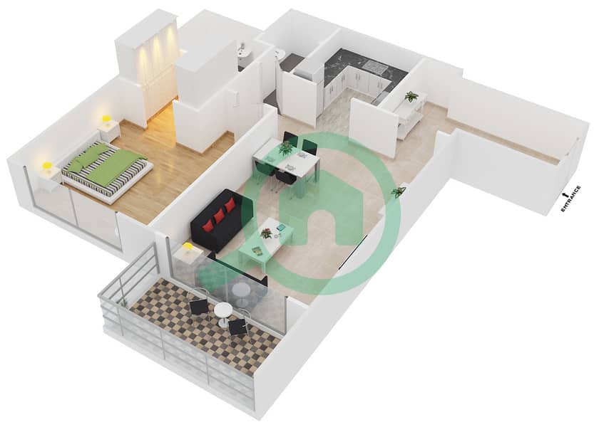 锦绣华庭 - 1 卧室公寓类型／单位D /2,5,7,10戶型图 interactive3D