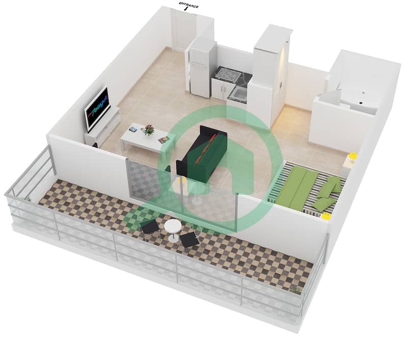锦绣华庭 - 单身公寓类型／单位I /3,7戶型图 interactive3D