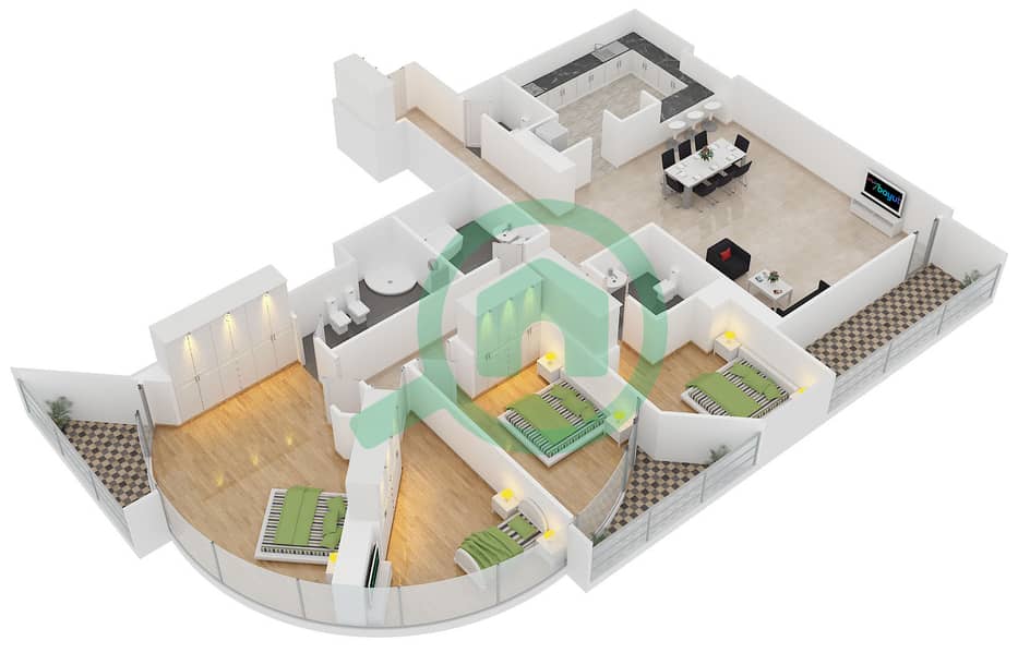 Саба Тауэр 3 - Апартамент 4 Cпальни планировка Тип 25 interactive3D