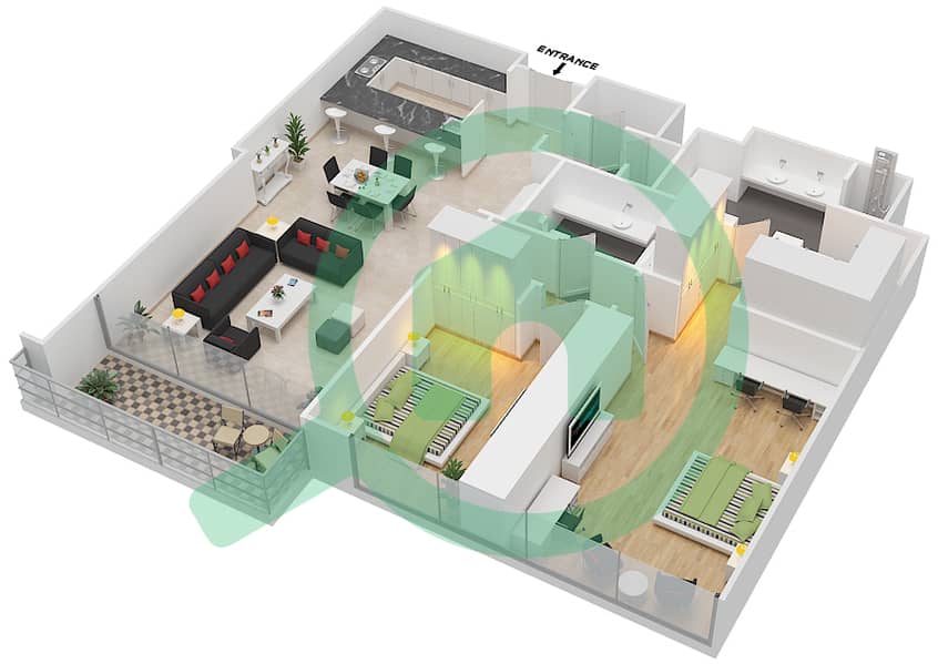 凯宾斯基公寓 - 2 卧室公寓单位19戶型图 interactive3D