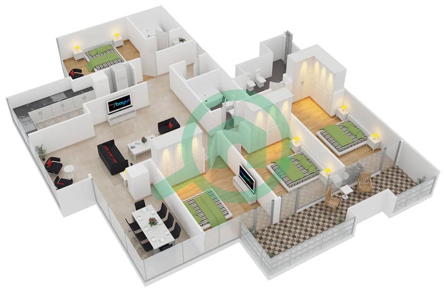 المخططات الطابقية لتصميم النموذج 27 شقة 4 غرف نوم - برج سابا 3 interactive3D