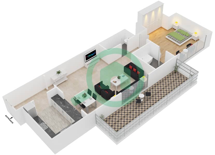 المخططات الطابقية لتصميم النموذج / الوحدة E /1,5-6 شقة 1 غرفة نوم - فيرفيو ريزيدنسي interactive3D