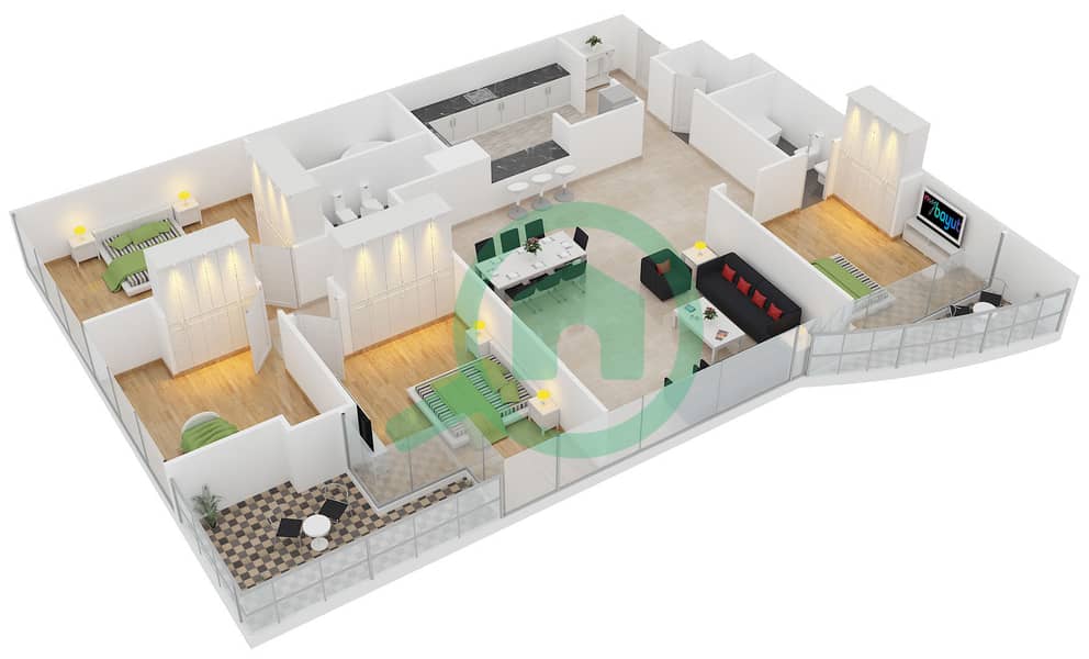 المخططات الطابقية لتصميم النموذج 29 شقة 4 غرف نوم - برج سابا 3 interactive3D