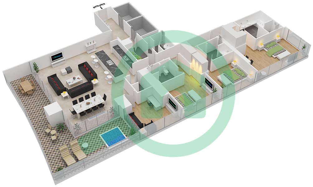 المخططات الطابقية لتصميم الوحدة 3 شقة 3 غرف نوم - كيمبينسكي ريزيدينس interactive3D