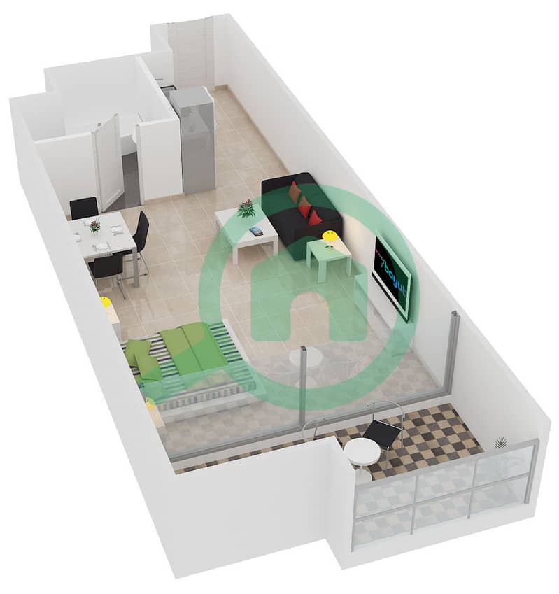 المخططات الطابقية لتصميم النموذج 2 شقة استوديو - برج سابا 3 interactive3D