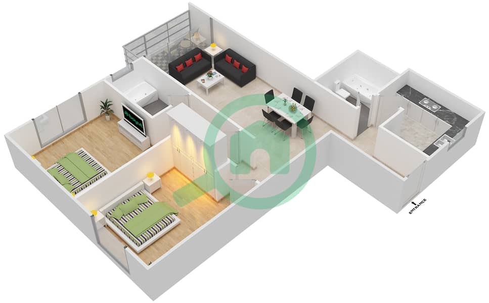 المخططات الطابقية لتصميم النموذج 4 شقة 2 غرفة نوم - برج ماجيستك interactive3D