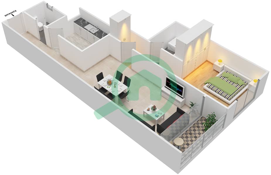 Маджестик Тауэр - Апартамент 1 Спальня планировка Тип 1 interactive3D