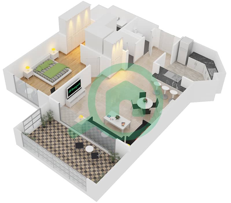 المخططات الطابقية لتصميم النموذج B شقة 1 غرفة نوم - الحلاوي interactive3D
