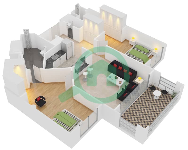 المخططات الطابقية لتصميم النموذج D شقة 2 غرفة نوم - الحلاوي interactive3D