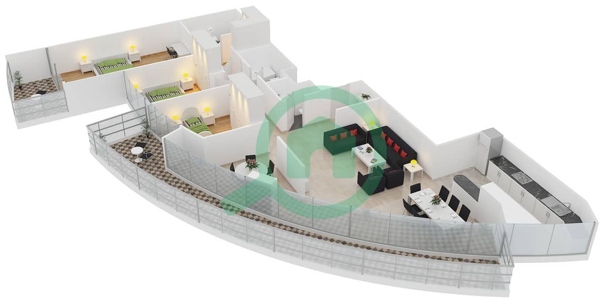 المخططات الطابقية لتصميم النموذج 28 شقة 3 غرف نوم - برج سابا 3 interactive3D