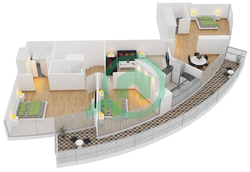 萨巴塔3号 - 4 卧室顶楼公寓类型35戶型图 interactive3D