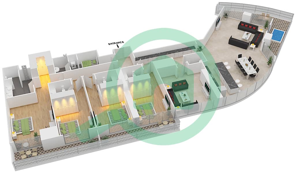 المخططات الطابقية لتصميم الوحدة 7 شقة 4 غرف نوم - كيمبينسكي ريزيدينس interactive3D