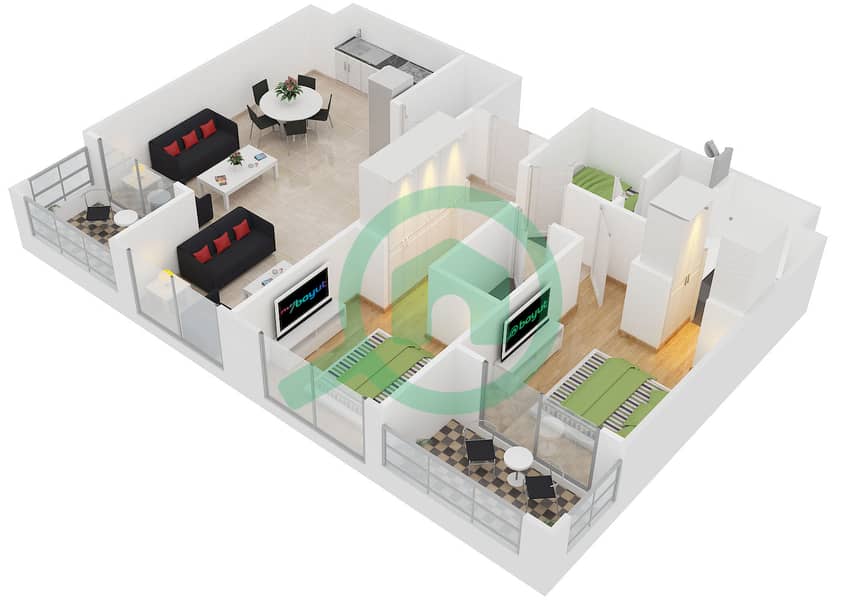 المخططات الطابقية لتصميم النموذج R شقة 2 غرفة نوم - برج ماي فير interactive3D