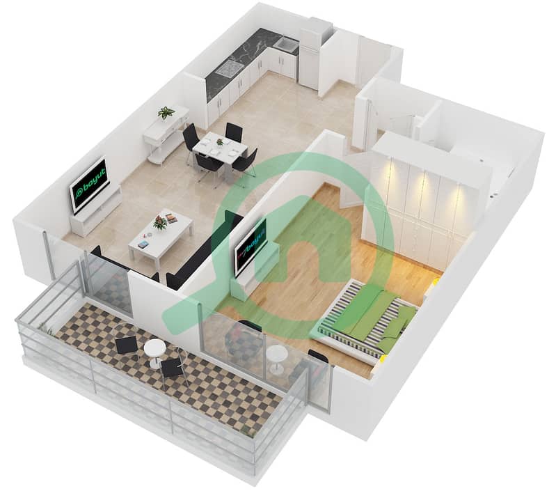 المخططات الطابقية لتصميم النموذج K,L,J شقة 1 غرفة نوم - برج ماي فير interactive3D