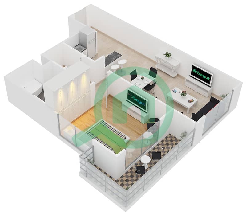 المخططات الطابقية لتصميم النموذج F شقة 1 غرفة نوم - برج ماي فير interactive3D