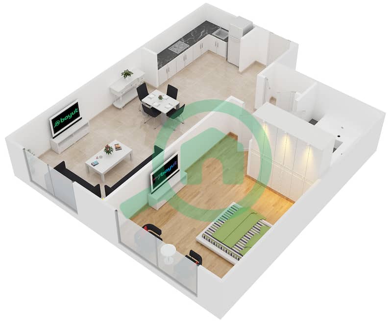المخططات الطابقية لتصميم النموذج D,E,H / FLOOR 1 شقة 1 غرفة نوم - برج ماي فير Floor 1 interactive3D