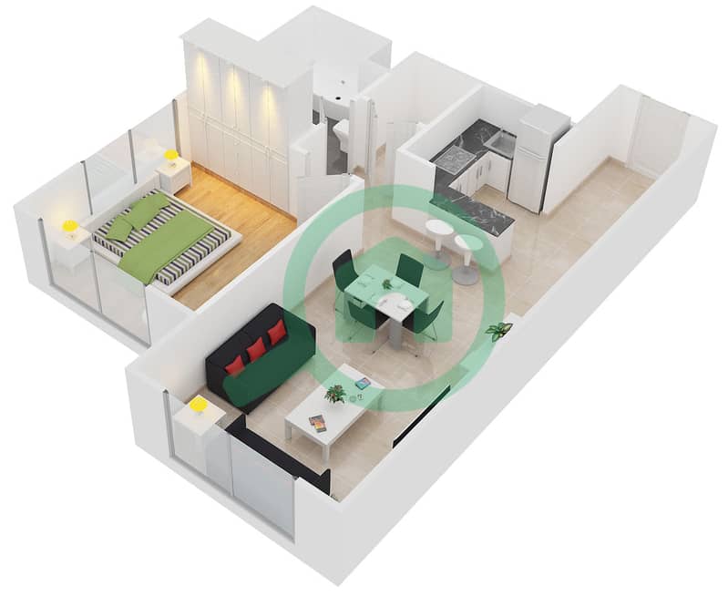 المخططات الطابقية لتصميم النموذج B,F شقة 1 غرفة نوم - برج ماي فير interactive3D