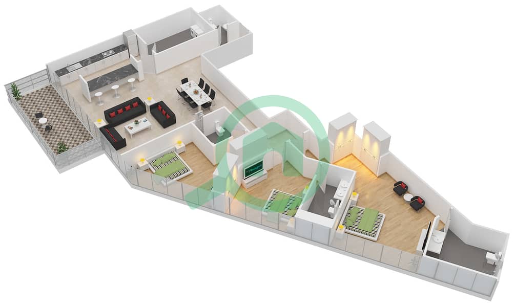侯爵广场 - 3 卧室公寓类型／单位B/4戶型图 interactive3D