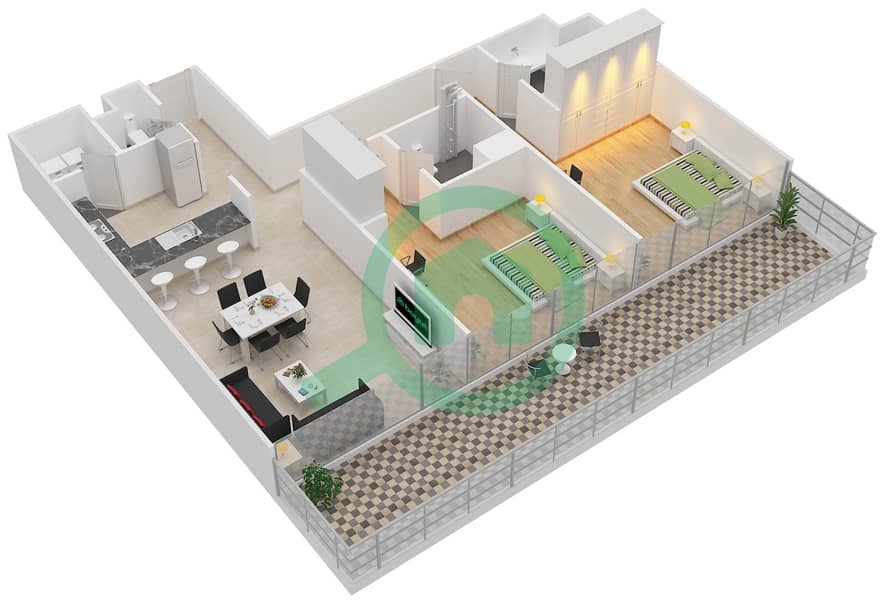 侯爵广场 - 2 卧室公寓类型／单位G/3戶型图 interactive3D