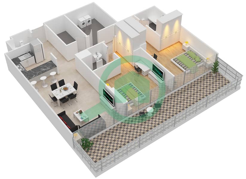 侯爵广场 - 2 卧室公寓类型／单位F/2戶型图 interactive3D