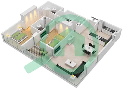 المخططات الطابقية لتصميم النموذج H شقة 2 غرفة نوم - سي2