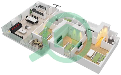 المخططات الطابقية لتصميم النموذج M شقة 3 غرف نوم - سي2