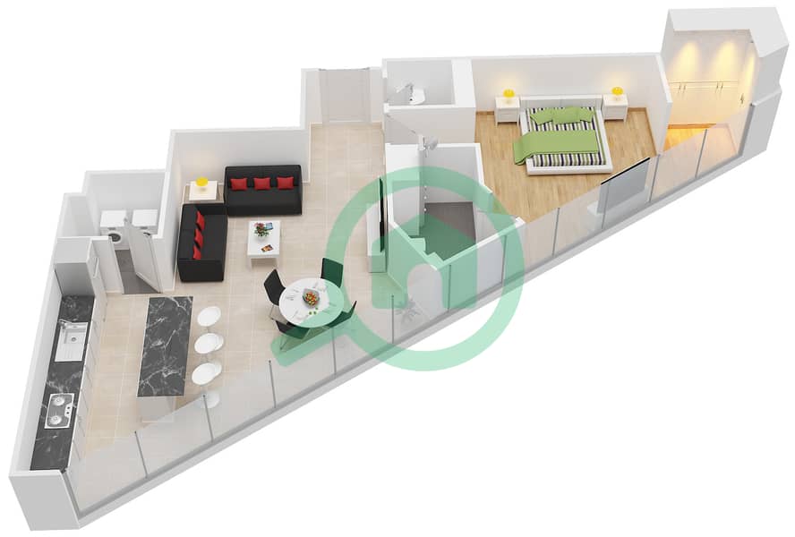 المخططات الطابقية لتصميم النموذج / الوحدة C/9 شقة 1 غرفة نوم - ماركيز سكوير interactive3D