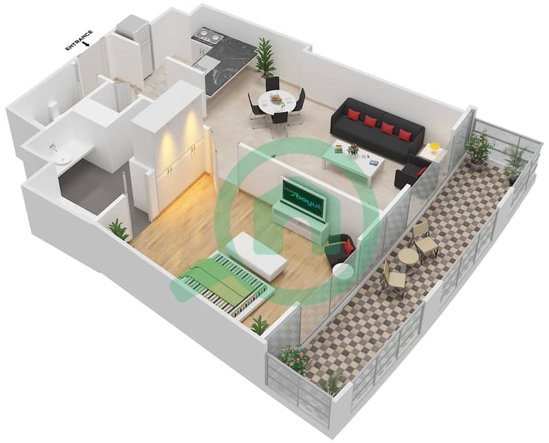 D座 - 1 卧室公寓单位3A戶型图 interactive3D