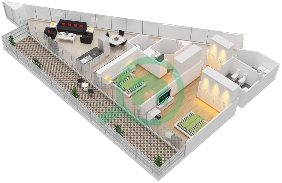 المخططات الطابقية لتصميم النموذج / الوحدة A/1 شقة 2 غرفة نوم - ماركيز سكوير interactive3D