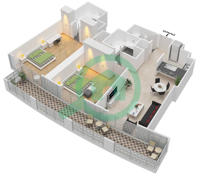 D座 - 2 卧室公寓单位2戶型图 interactive3D